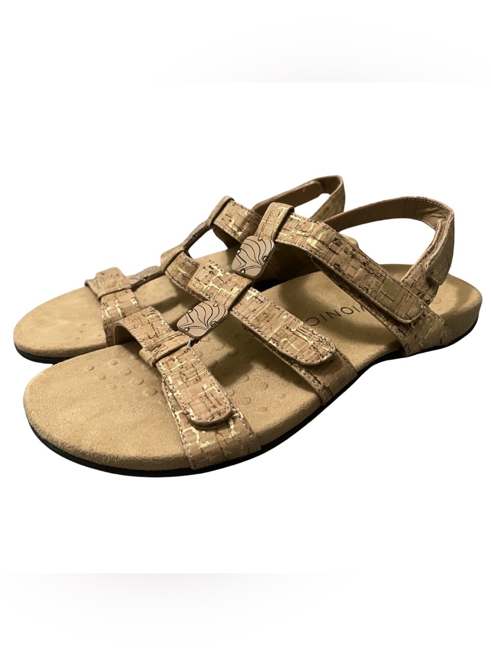 Vionic Amber Gold Cork Sandals Womens 11 Wide Beaded Beachy Orthotic Resort Boho